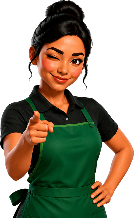 Malu, a friendly house cleaner in a green apron