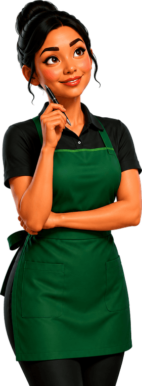 Malu, a friendly house cleaner in a green apron